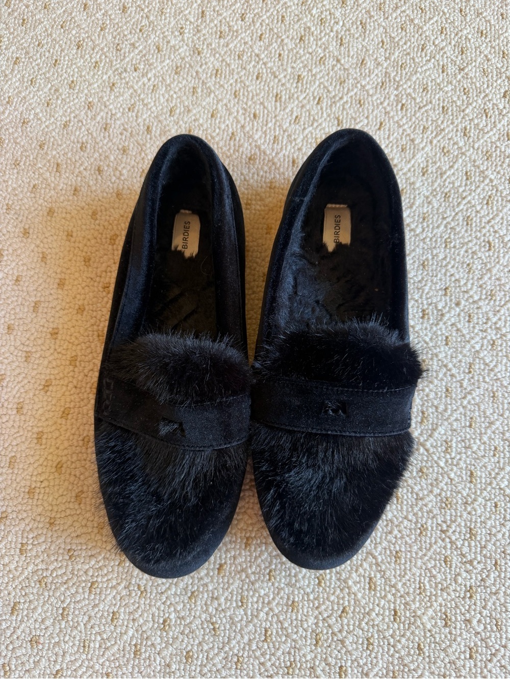 Birdies Black Faux Fur Penny Loafers